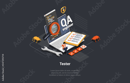 Software Testing Concept. Software Tester Testing Programs, Debugging And Make Functional Test. Software Quality Assurance Engineering Make Tests Of Applications. Isometric 3d Vector Illustration photo