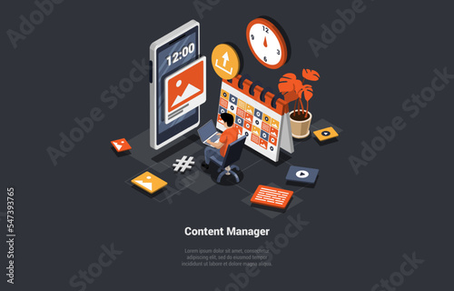 Social Media Marketing, Layout Content And Online Promotion. Man Content Manager Create Successful Content, Makes a Harmonious Combination on Screen of Smartphone. Isometric 3D Vector Illustration