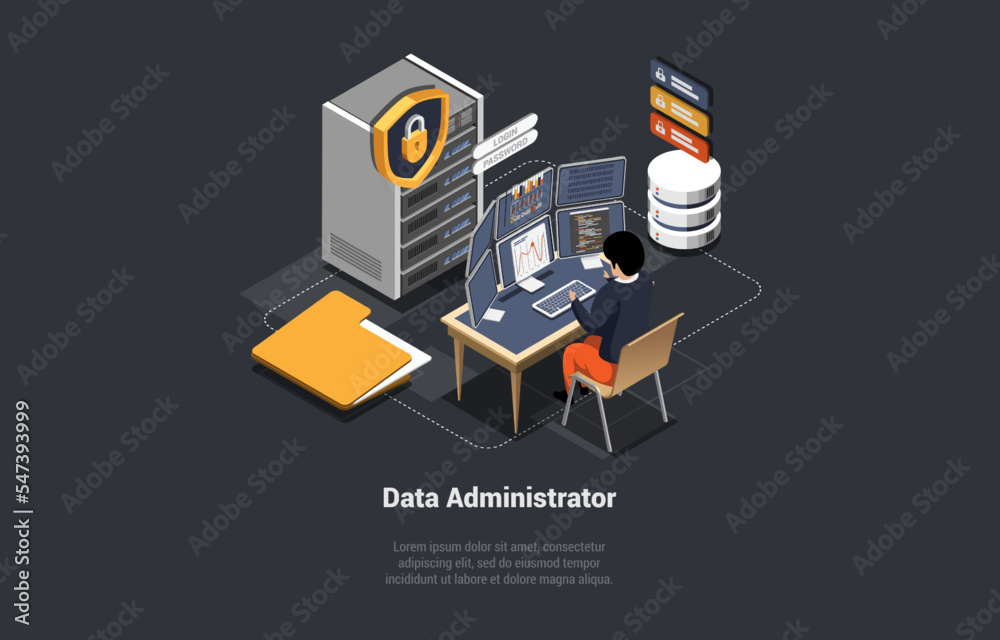 Big Data Administrator Concept. Server Room With Hardware Racks or Web Hosting Infrastructure. Character Controls of Working Big Data Storage and Cloud Computing. Isometric 3d Vector illustration. Big Data Administrator Concept. Server Room With Hardware Racks or Web Hosting Infrastructure. Character Controls of Working Big Data Storage and Cloud Computing. Isometric 3d Vector illustration.