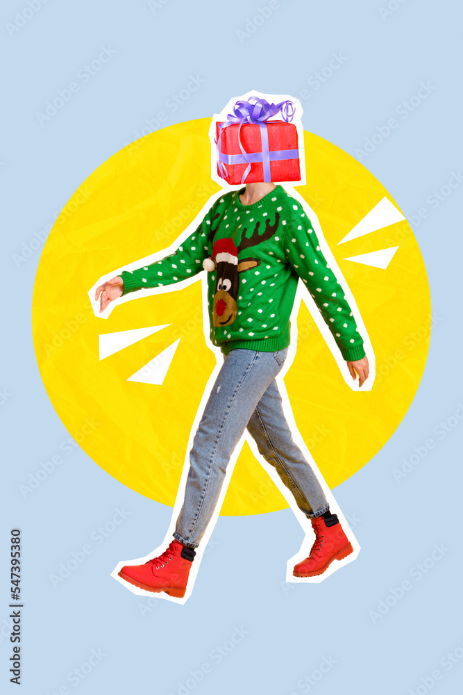 Vertical collage picture of funny walking girl xmas giftbox instead head isolated on creative background