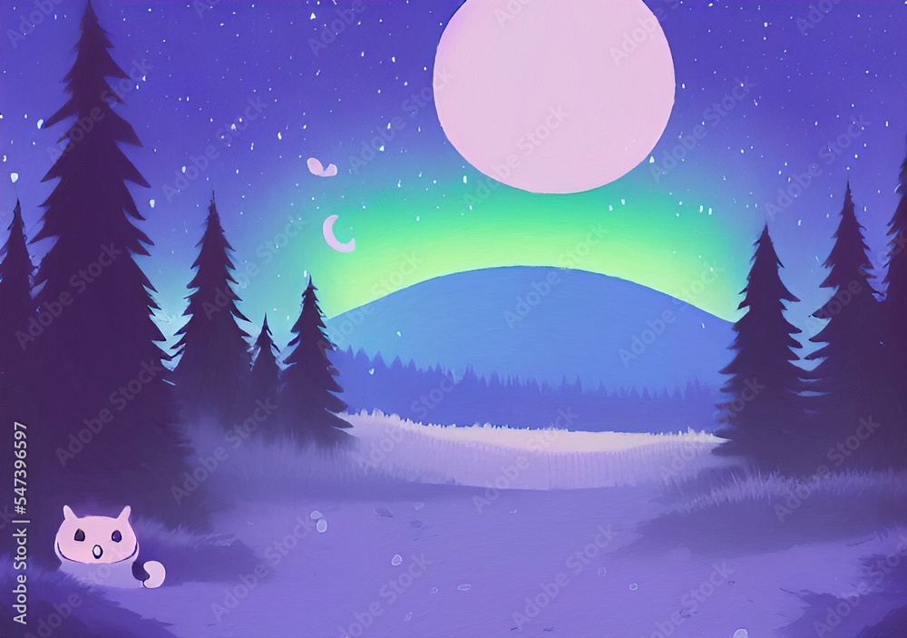 Fototapeta premium Digital drawing night forest landscape illustration