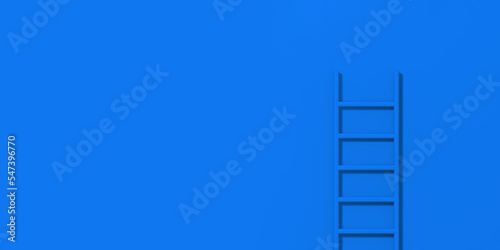 blue staircase on blue background. Staircase stands vertically near wall. Way to success concept. Horizontal image. Banner for insertion into site. 3d image. 3D rendering.