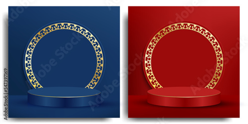 Red and blue round stage podium for Chinese New Year online sales promotion in paper cut style