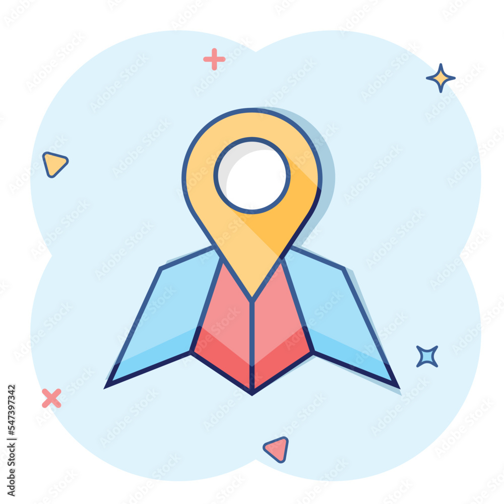 Map pin icon in comic style. GPS navigation cartoon vector illustration on white isolated background. Locate position splash effect business concept. Map pin icon in comic style. GPS navigation cartoon vector illustration on white isolated background. Locate position splash effect business concept.