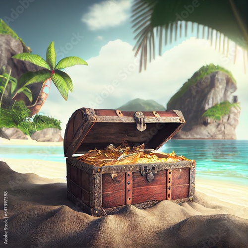 Obraz na plátně Pirate buried treasure chest on tropical island