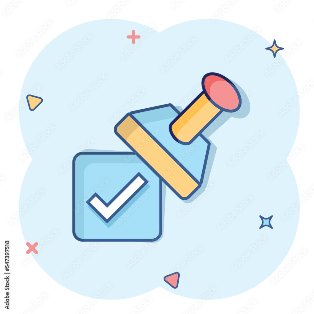 Approve stamp icon in comic style. Accept check mark cartoon vector illustration on white isolated background. Approval choice splash effect business concept.