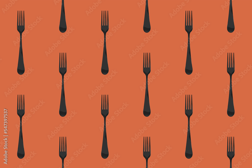 pattern. Fork top view on red orange background. Template for applying to surface. Horizontal image. Flat lay. 3D image. 3D rendering.