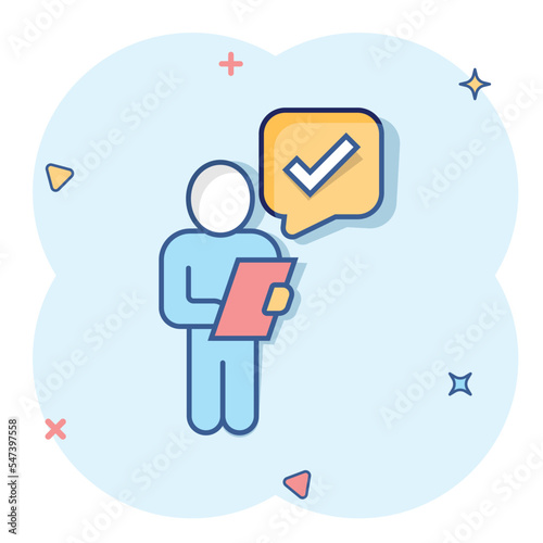Organization management icon in comic style. People with check mark cartoon vector illustration on white isolated background. Businessman splash effect business concept.