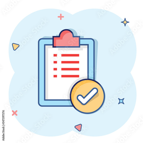 To do list icon in comic style. Document checklist cartoon vector illustration on white isolated background. Notepad check mark splash effect business concept.