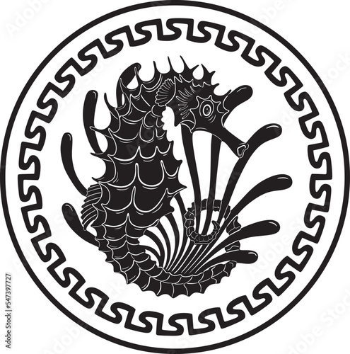 seahorse logo with floral frame vector design