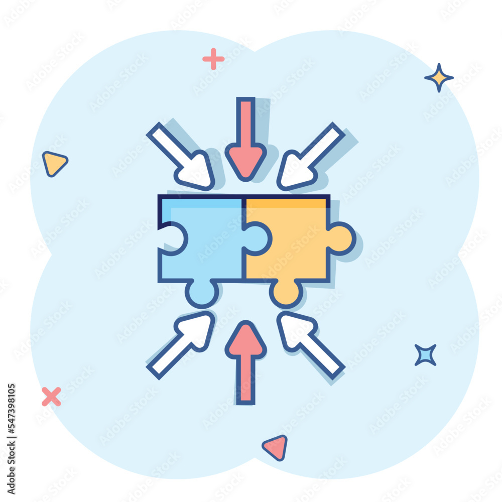 Puzzle jigsaw icon in comic style. Solution compatible cartoon vector illustration on white isolated background. Combination splash effect business concept.