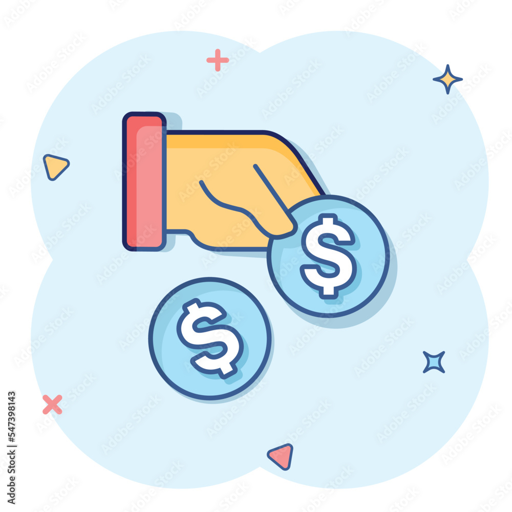 Remuneration icon in comic style. Money in hand cartoon vector illustration on white isolated background. Coin payroll splash effect business concept. Remuneration icon in comic style. Money in hand cartoon vector illustration on white isolated background. Coin payroll splash effect business concept.