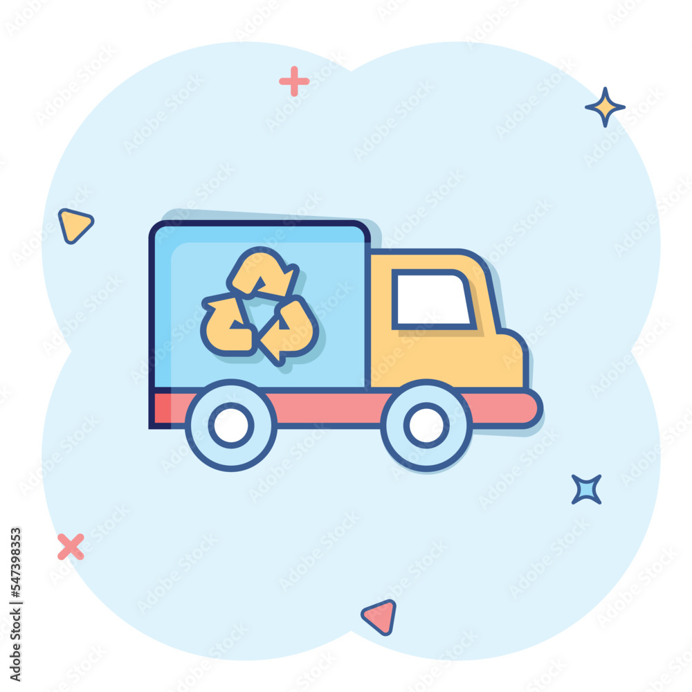 Garbage truck icon in comic style. Recycle cartoon vector illustration on white isolated background. Trash car splash effect sign business concept. Garbage truck icon in comic style. Recycle cartoon vector illustration on white isolated background. Trash car splash effect sign business concept.
