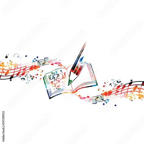 Colorful music writing notebook with musical stave and notes isolated. Vibrant musical staff notebook, guide for songwriters, musicians and composers. Lessons and tips for instrumentalists. Vector