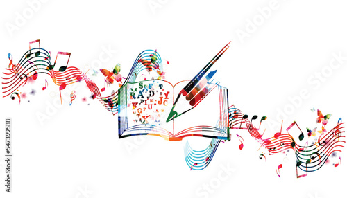 Colorful music writing notebook with musical stave and notes isolated. Vibrant musical staff notebook, guide for songwriters, musicians and composers. Lessons and tips for instrumentalists. Vector