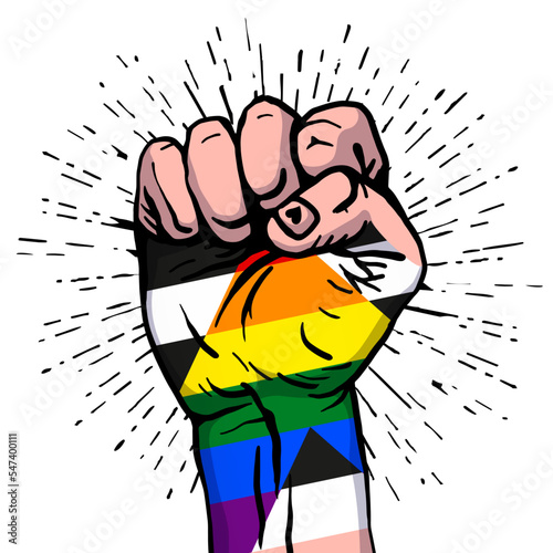 A human hand clenched into a fist. Flag of a straight ally. Gender equality. A colorful logo of one of the LGBT flags. Sexual identification.