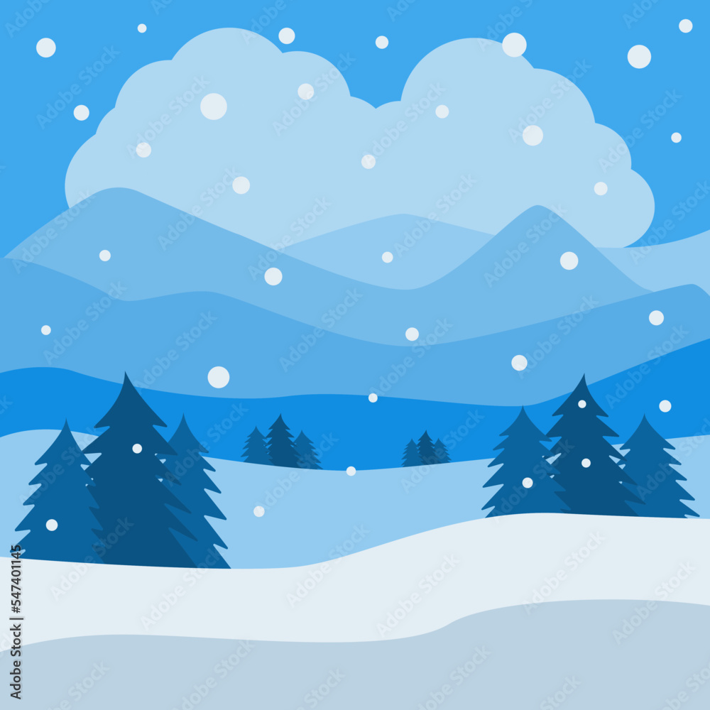 Winter mountains landscape with hills and pine forest. Vector illustration seasonal nature background.