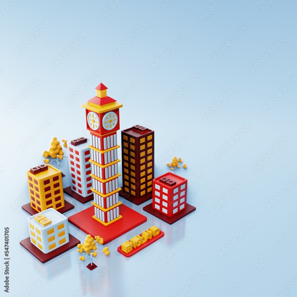 Fototapeta premium 3d illustration England city view and Big ben as landmark and simple building around