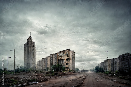 Deserted city with no one around, crumbling roads buildings and intrastructure after a war or a pandemic photo