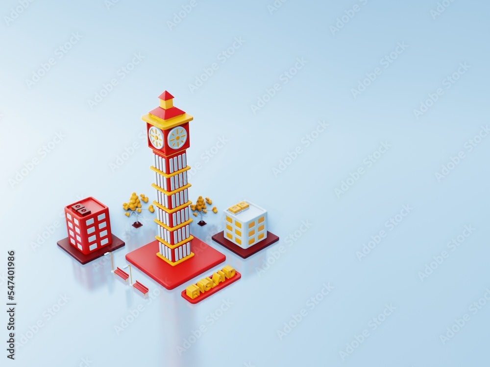3d illustration England city background with Big ben as a landmark and green space area