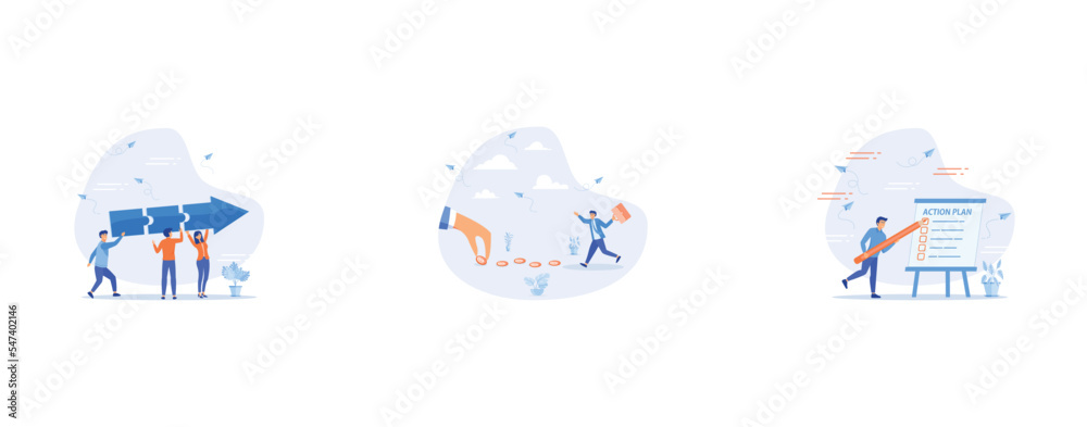 Teamwork connecting jigsaw puzzle metaphor of solving problem together, Follow the money, Action plan step by step checklist to progress and finish project, set flat vector modern illustration