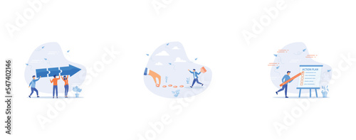 Teamwork connecting jigsaw puzzle metaphor of solving problem together, Follow the money, Action plan step by step checklist to progress and finish project, set flat vector modern illustration