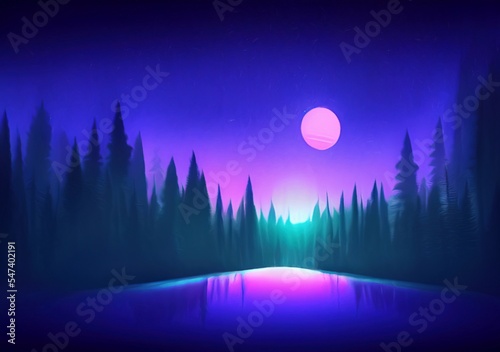 Digital painting with pastel drawing imitation beautiful forest night landscape. Trendy wall art print template  stylish design backdrop background. Naive art  whimsical art style
