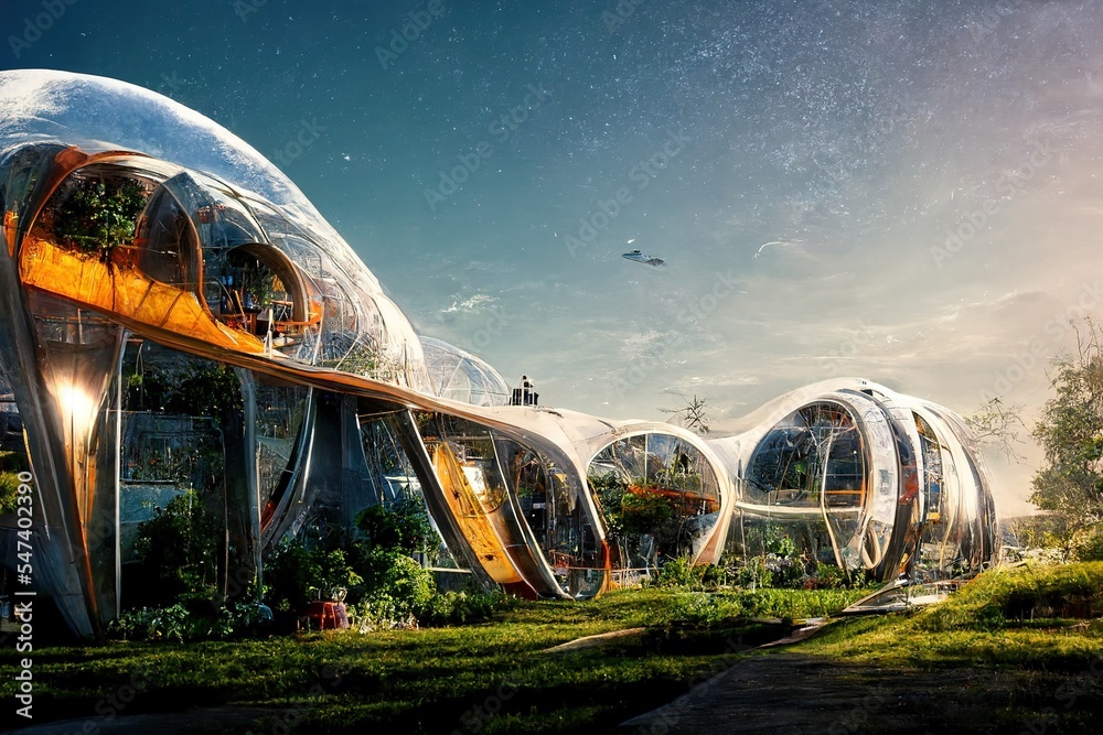 Space expansion concept of human settlement in alien world with green plant as proof of life in space. Spectacular space colony glass dome habitat provide sustainable food. Digital art 3D illustration - obrazy, fototapety, plakaty 