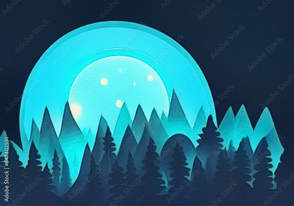 Digital painting with pastel drawing imitation beautiful forest night landscape. Trendy wall art print template, stylish design backdrop background. Naive art, whimsical art style