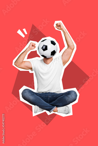 Fototapeta Photo cartoon comics sketch picture of lucky exited young guy football ball instead of head rising fists isolated drawing background