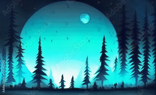 Digital painting with pastel drawing imitation beautiful forest night landscape. Trendy wall art print template, stylish design backdrop background. Naive art, whimsical art style