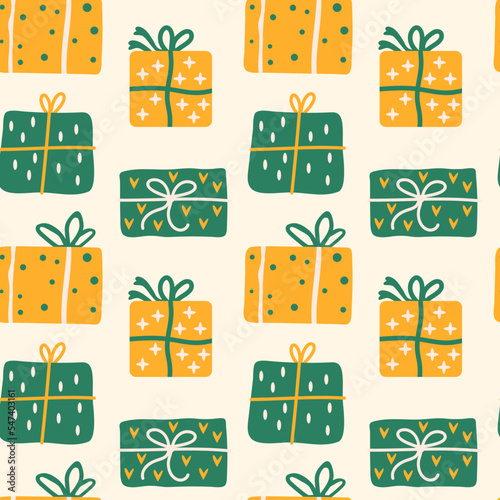 Seamless pattern with Christmas presents, various wrapped gift boxes