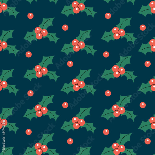 Seamless pattern with Christmas plants, holy tree leaves and berries. (ID: 547403506)