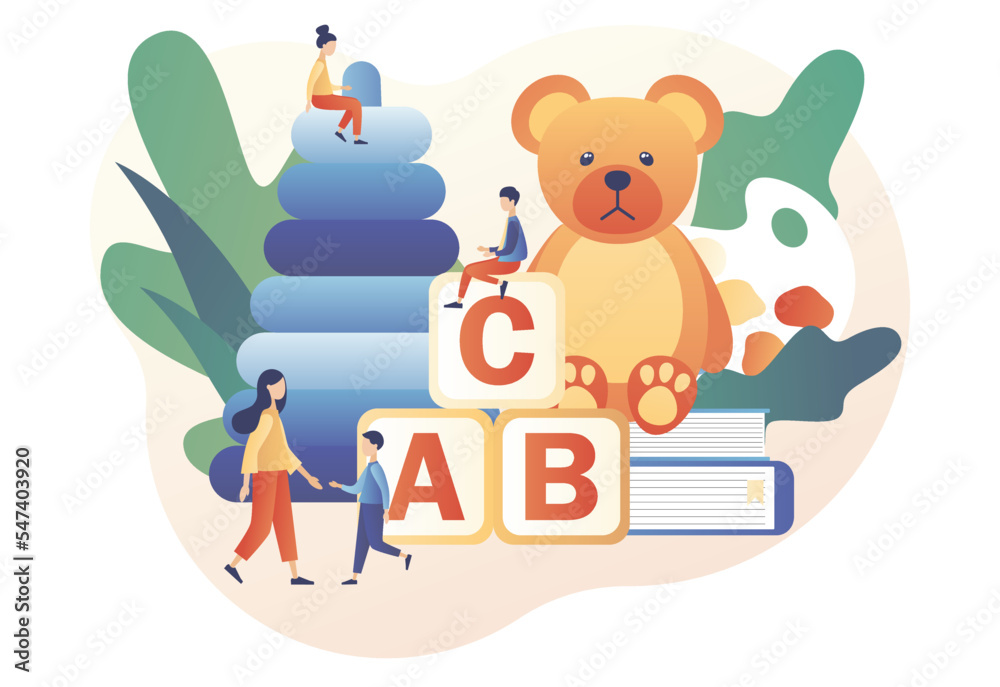 Obraz premium Babysitter service. Nanny occupation. Babysitting club. Childcare assistance. Family and nursery. Modern flat cartoon style. Vector illustration on white background 