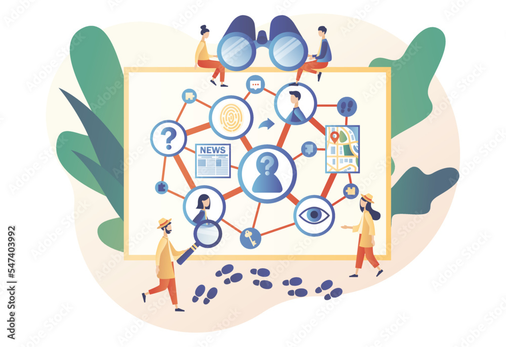 Obraz premium Detective agency. Searching evidences. Investigation board with photos, notes and map attached. Private detective solving crime and search criminals. Modern flat cartoon style. Vector illustration 