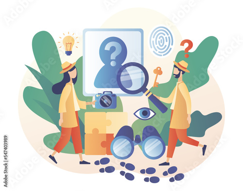 Detective agency. Searching evidences. Private detective solving crime and search criminals. Photos, notes, fingerprints and map. Modern flat cartoon style. Vector illustration on white background