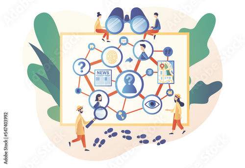 Detective agency. Searching evidences. Investigation board with photos, notes and map attached. Private detective solving crime and search criminals. Modern flat cartoon style. Vector illustration
