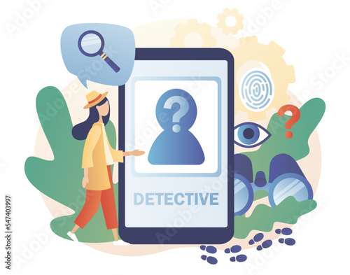 Detective agency. Private detective solving crime and search criminals. Photos, notes, fingerprints  and map attached. Searching evidences online. Modern flat cartoon style. Vector illustration
