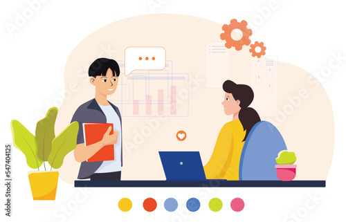 Office flat illustration. Asian man talking to woman manager in the office