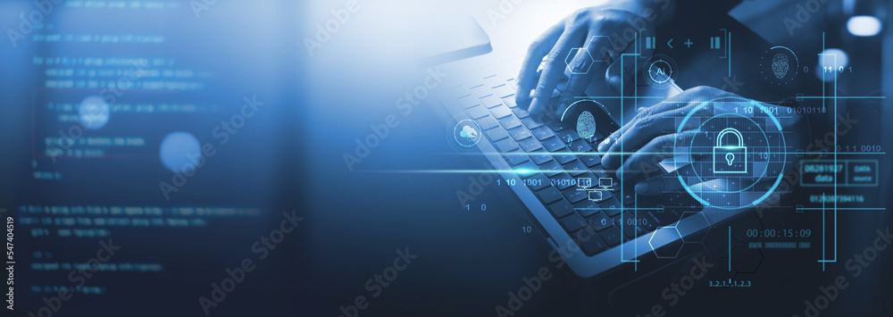 Cyber security network. Data protection concept. Businessman using laptop computer with digital padlock on internet technology networking with cloud computing and data management - obrazy, fototapety, plakaty 