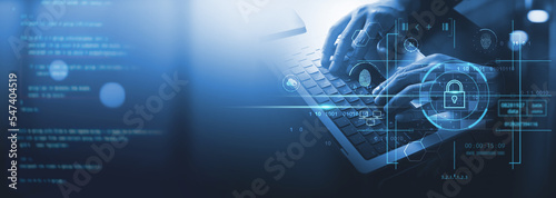 Cyber security network. Data protection concept. Businessman using laptop computer with digital padlock on internet technology networking with cloud computing and data management