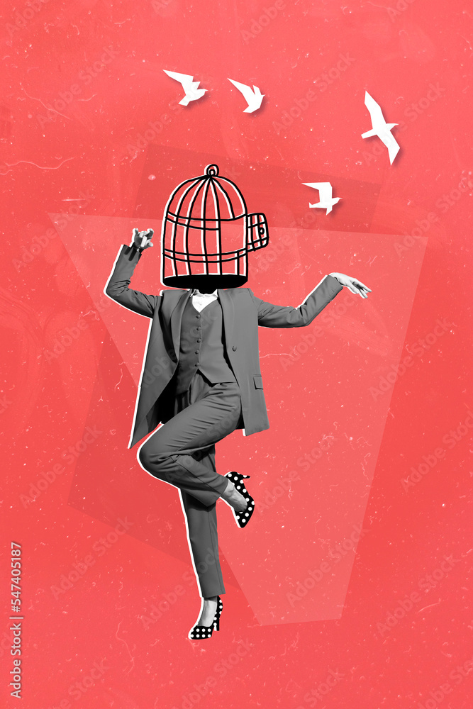Vertical collage image of dancing person black white effect cage instead head painted birds fly isolated on drawing red background - obrazy, fototapety, plakaty 