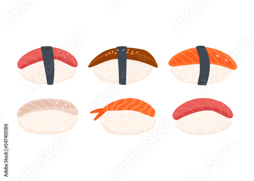 Vector hand-drawn sushi set with shrimp, eel, salmon, tuna and white fish. Traditional Asian food on a white background.