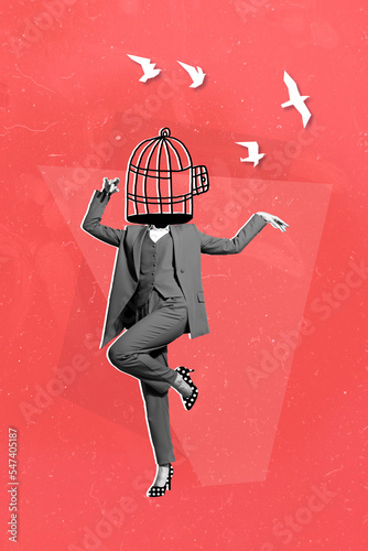 Vertical collage image of dancing person black white effect cage instead head painted birds fly isolated on drawing red background