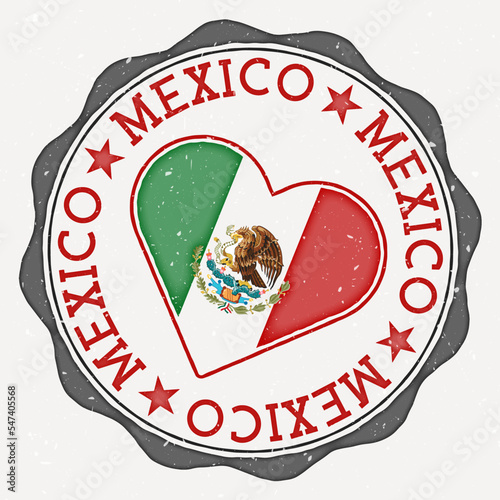 Mexico heart flag logo. Country name text around Mexico flag in a shape of heart. Stylish vector illustration. photo