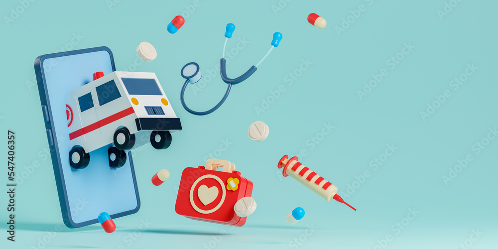 3d rendering concept healthcare and medical service illustration. Ambulance is driven out of smartphone with stethoscope, pills, first aid box and syringe. 3d rendering concept healthcare and medical service illustration. Ambulance is driven out of smartphone with stethoscope, pills, first aid box and syringe.