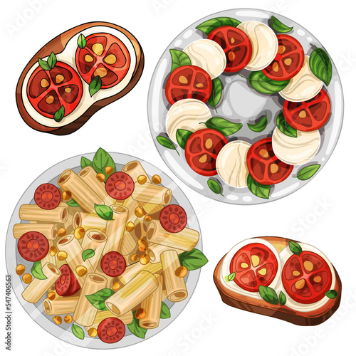 Caprese salad with mozzarella and tomatoes. A large dish with pasta and toast with mozzarella