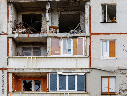 Residential area Saltovka, Kharkiv, Ukraine - autumn 2022: Destroyed apartment as a result of an artillery shell hit. War in Ukraine.