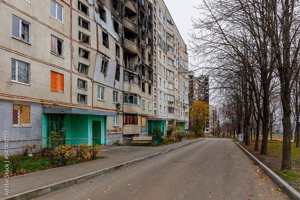 Residential area Saltovka, Kharkiv, Ukraine - autumn 2022: Destroyed apartment as a result of an artillery shell hit. War in Ukraine. Residential area Saltovka, Kharkiv, Ukraine - autumn 2022: Destroyed apartment as a result of an artillery shell hit. War in Ukraine.