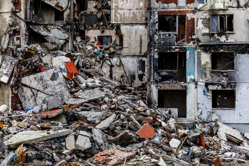 Residential area Saltovka, Kharkiv, Ukraine - autumn 2022: Destroyed apartment as a result of an artillery shell hit. War in Ukraine.